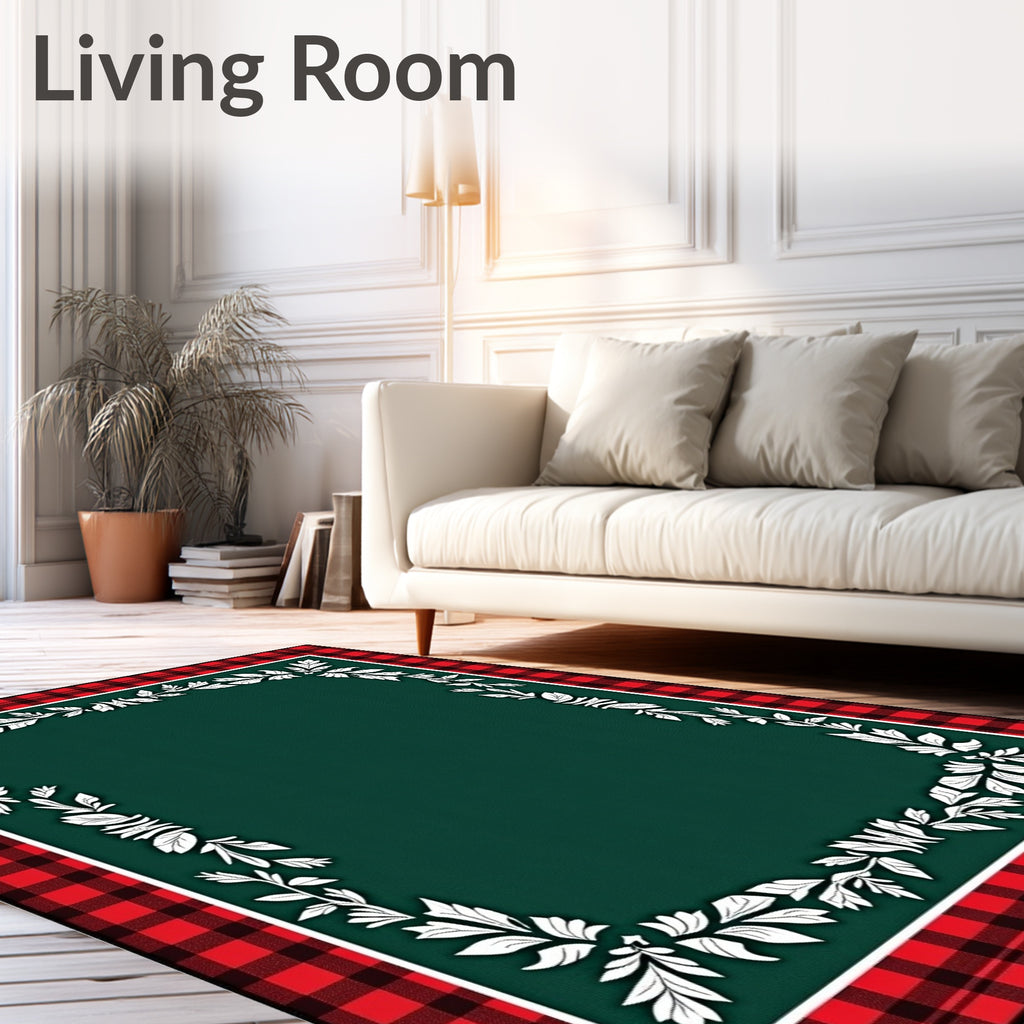 Red Black Plaid Leaf Border Rug