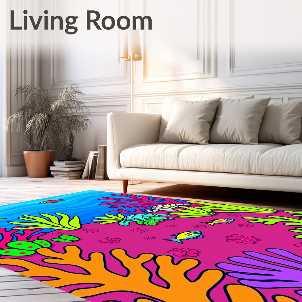 Vibrant Coral Reef Turtle Fish Scene Rug