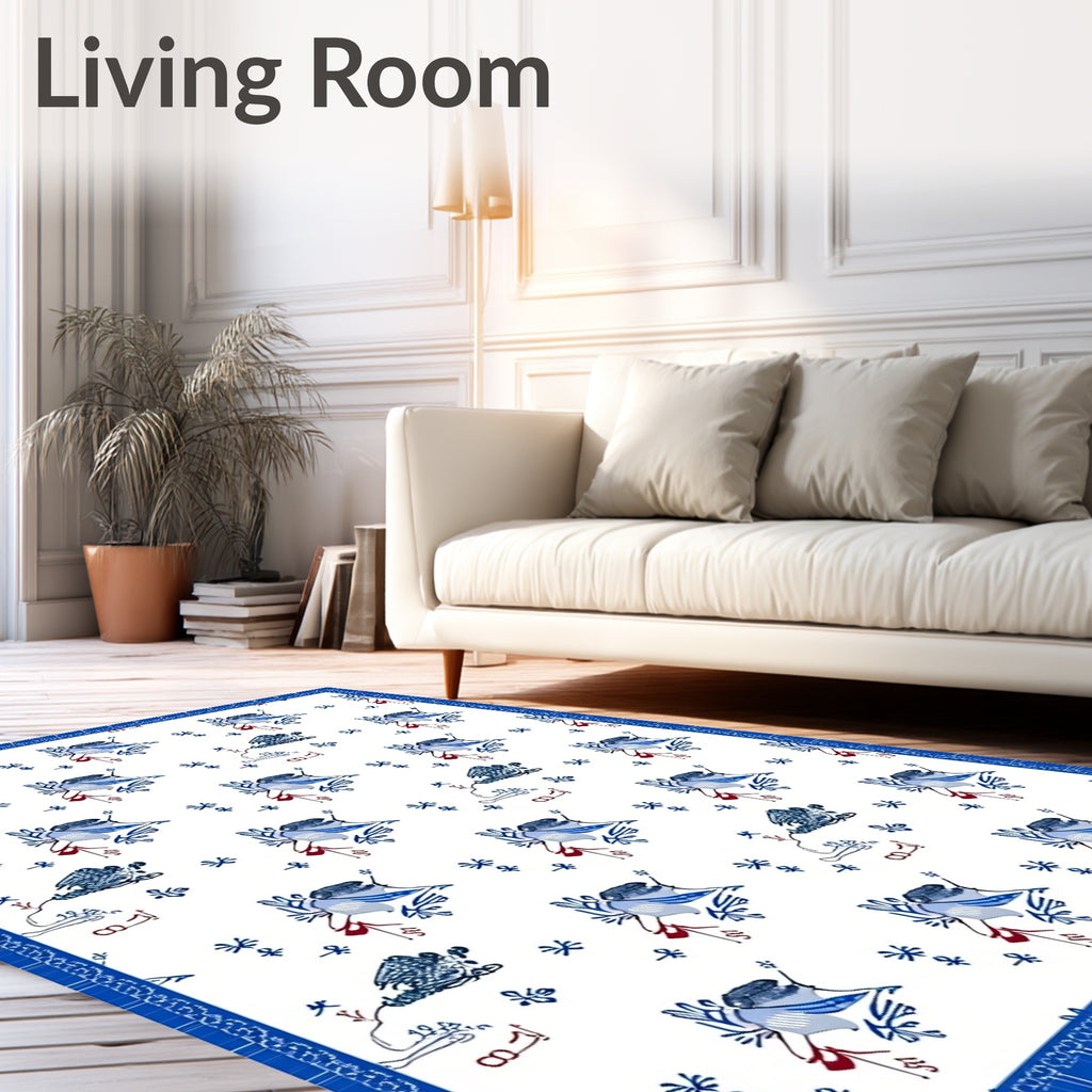 Blue White Bird Floral Repeat Rug