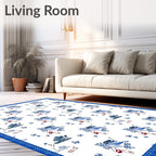 Blue White Bird Floral Repeat Rug