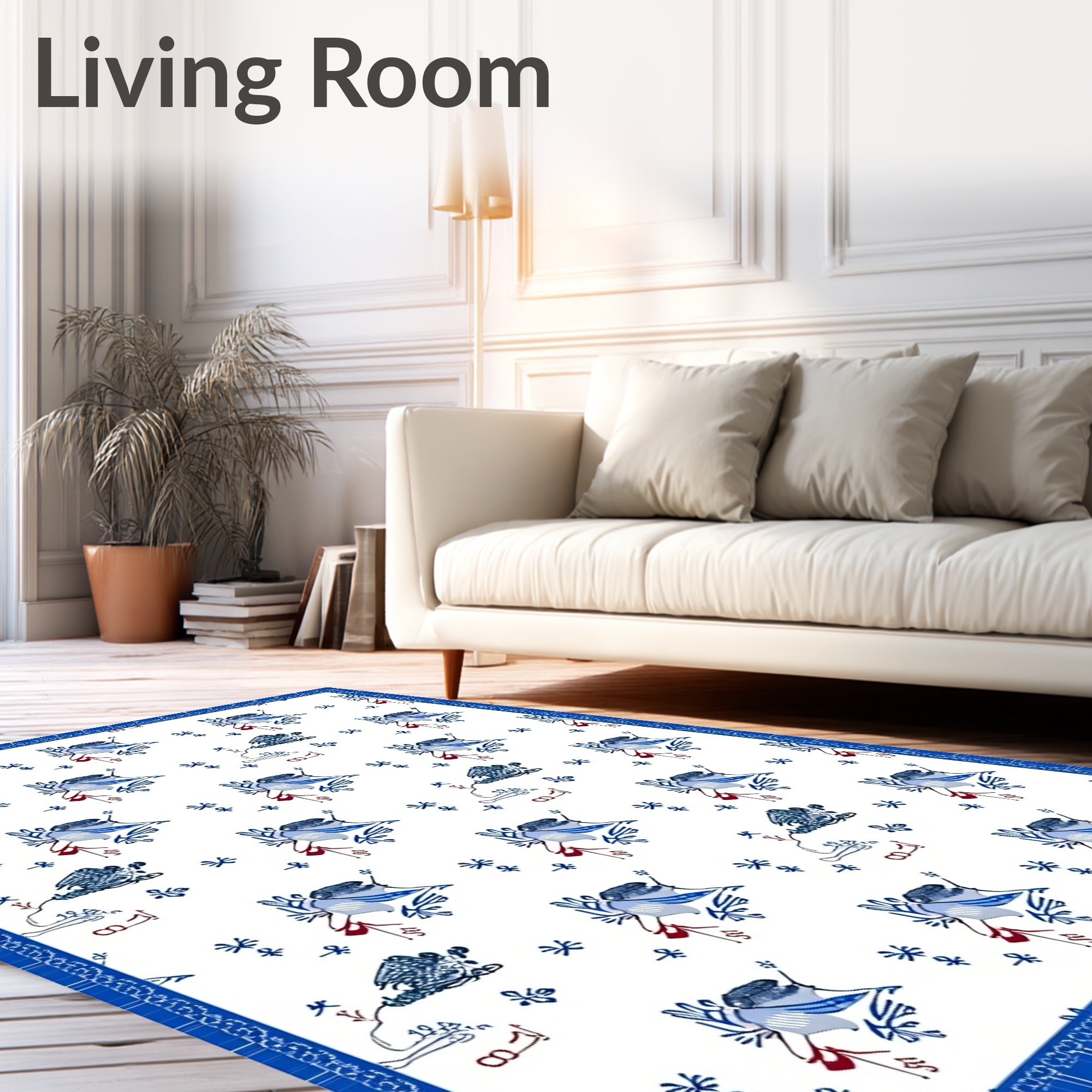 Blue White Bird Floral Repeat Rug