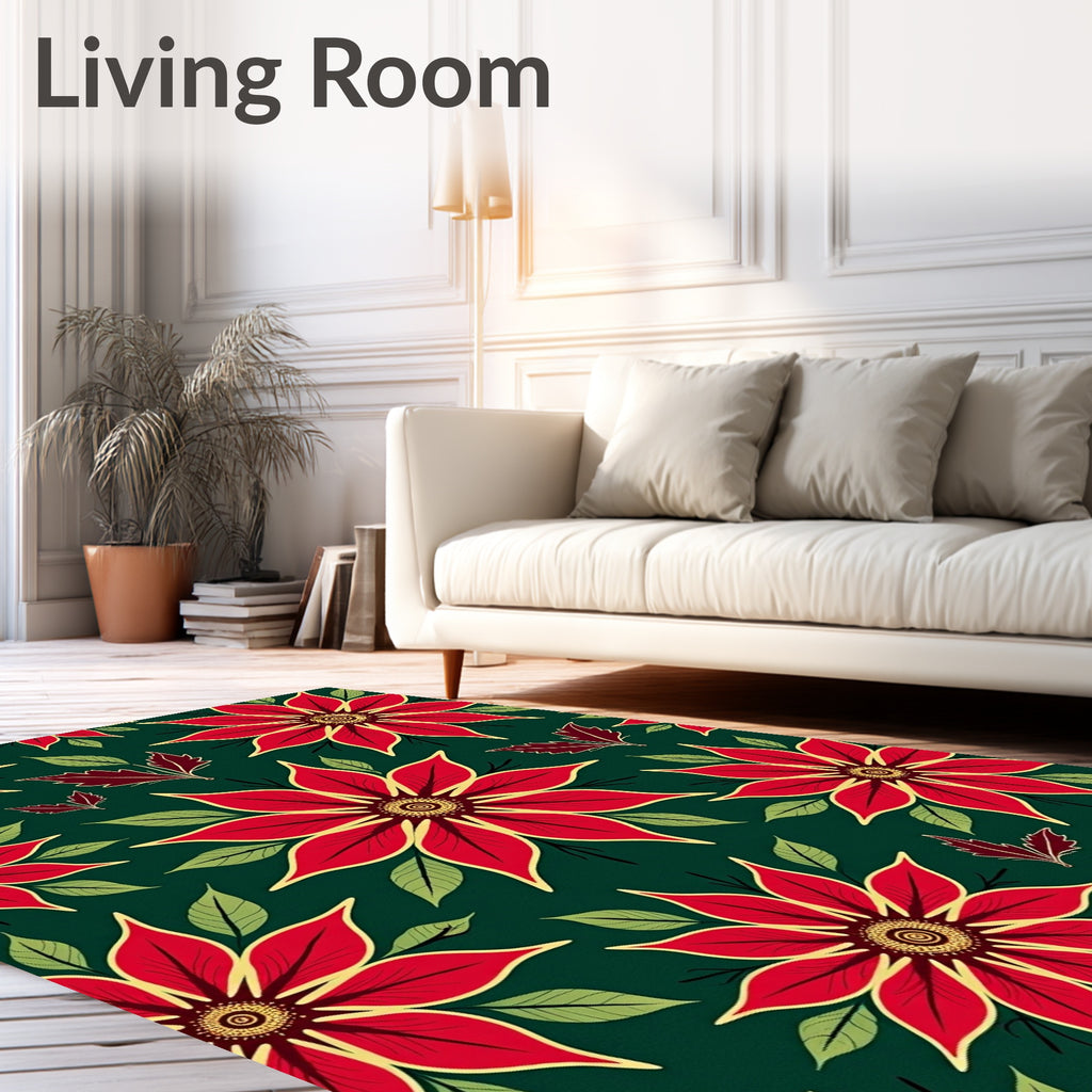 Vibrant Red Poinsettia Floral Swirl Rug