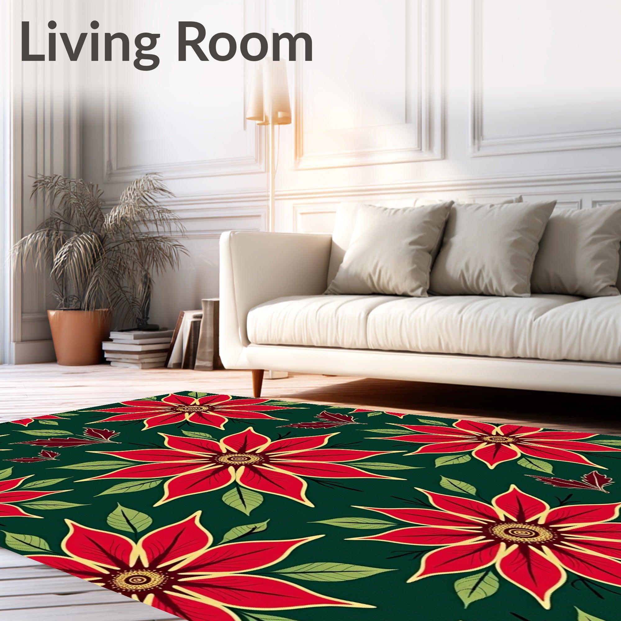 Vibrant Red Poinsettia Floral Swirl Rug