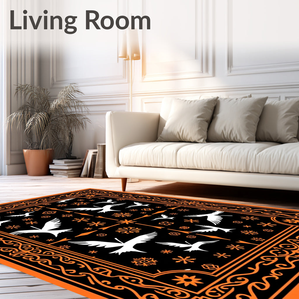 Orange Black Flying Crane Snowflake Frame Rug