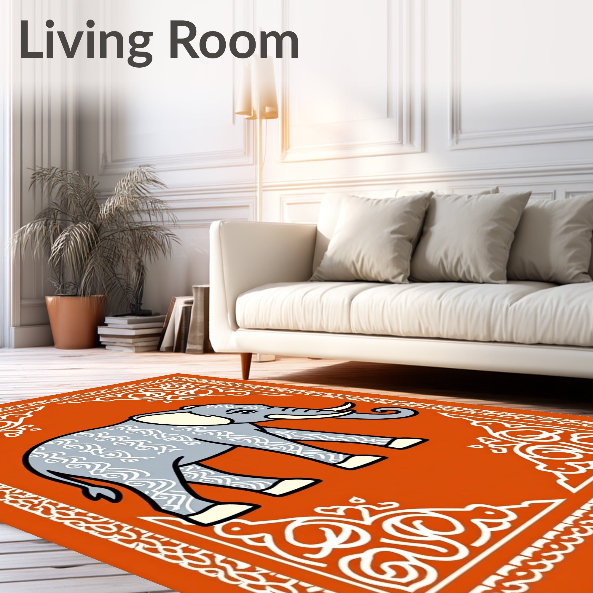 Orange Gray Elephant Scrollwork Border Rug