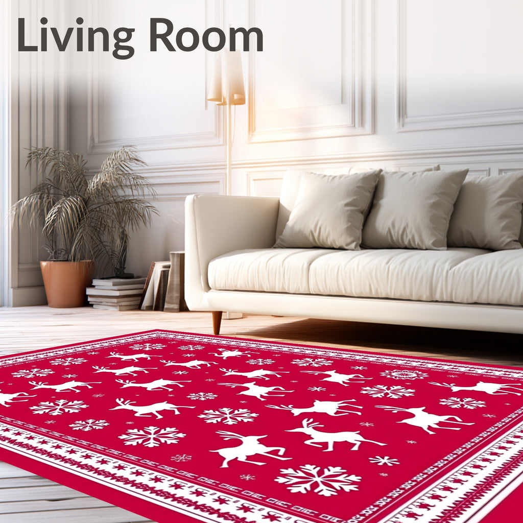 Reindeer Snowflake Crimson Festive Rug