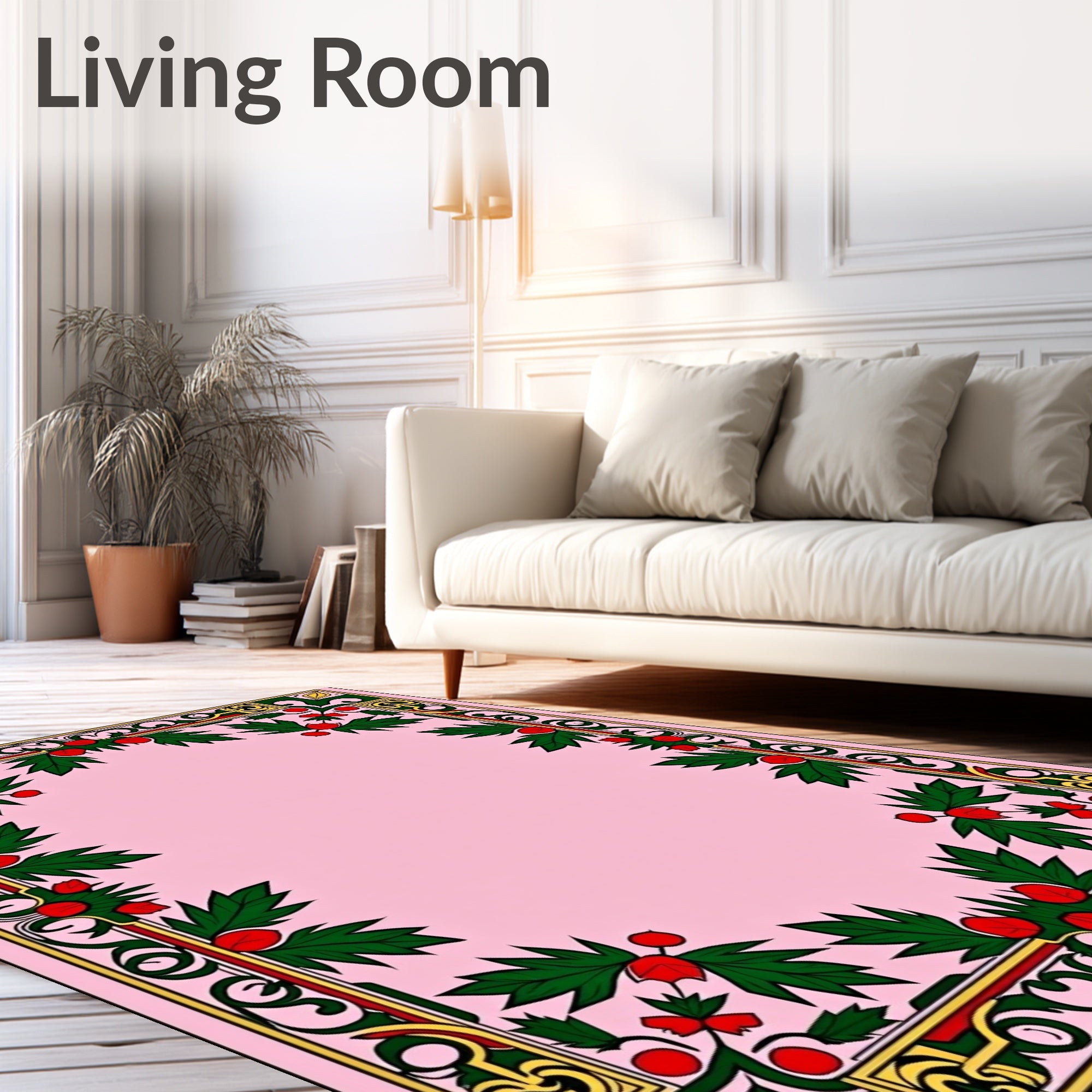 Crimson Red Holly Wreath Border Rug