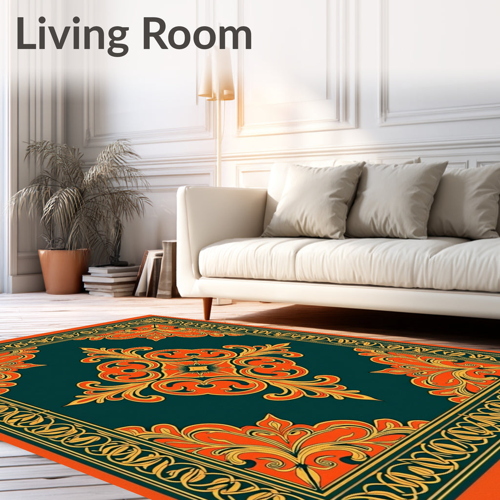Deep Teal Orange Flourish Medallion Rug