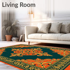 Deep Teal Orange Flourish Medallion Rug