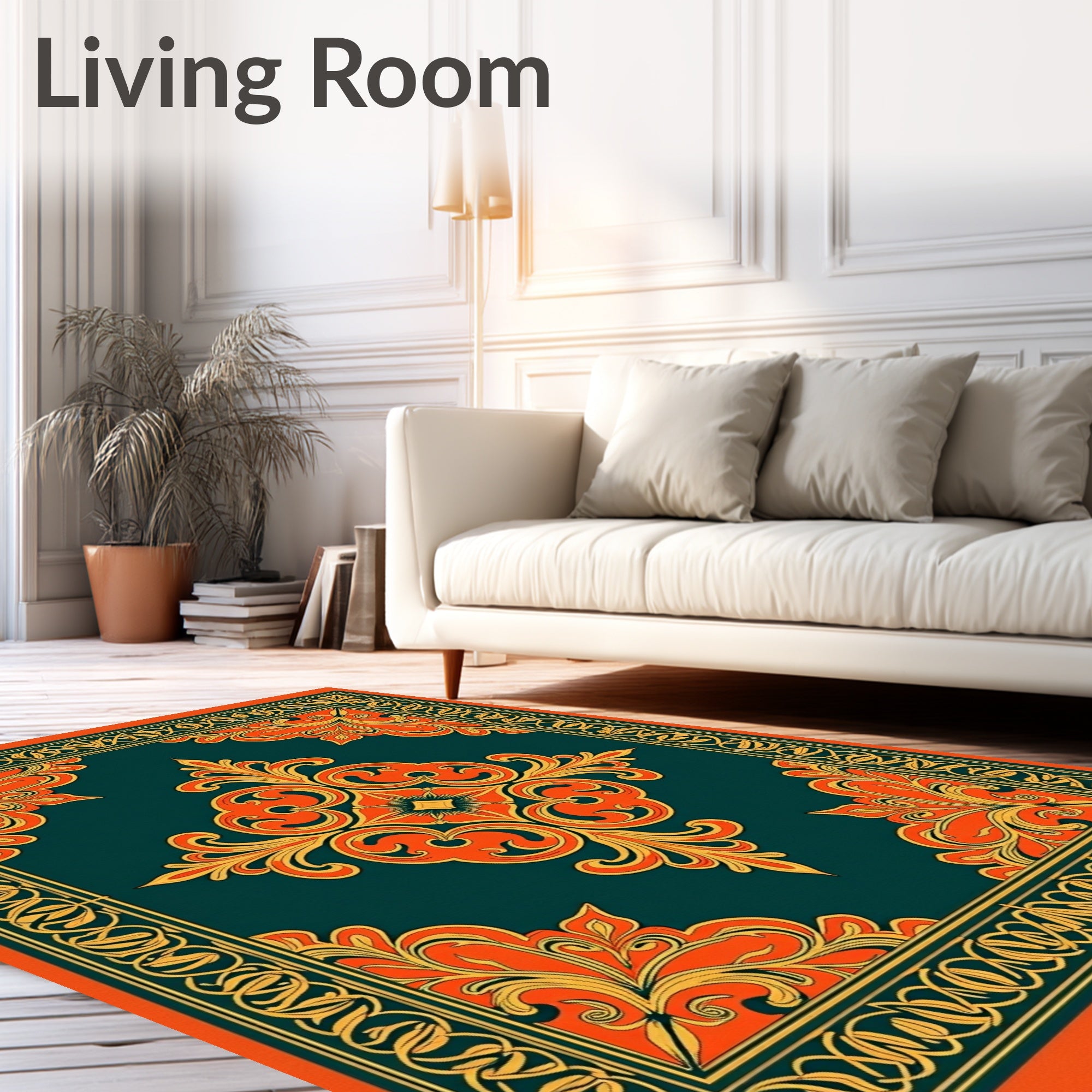 Deep Teal Orange Flourish Medallion Rug