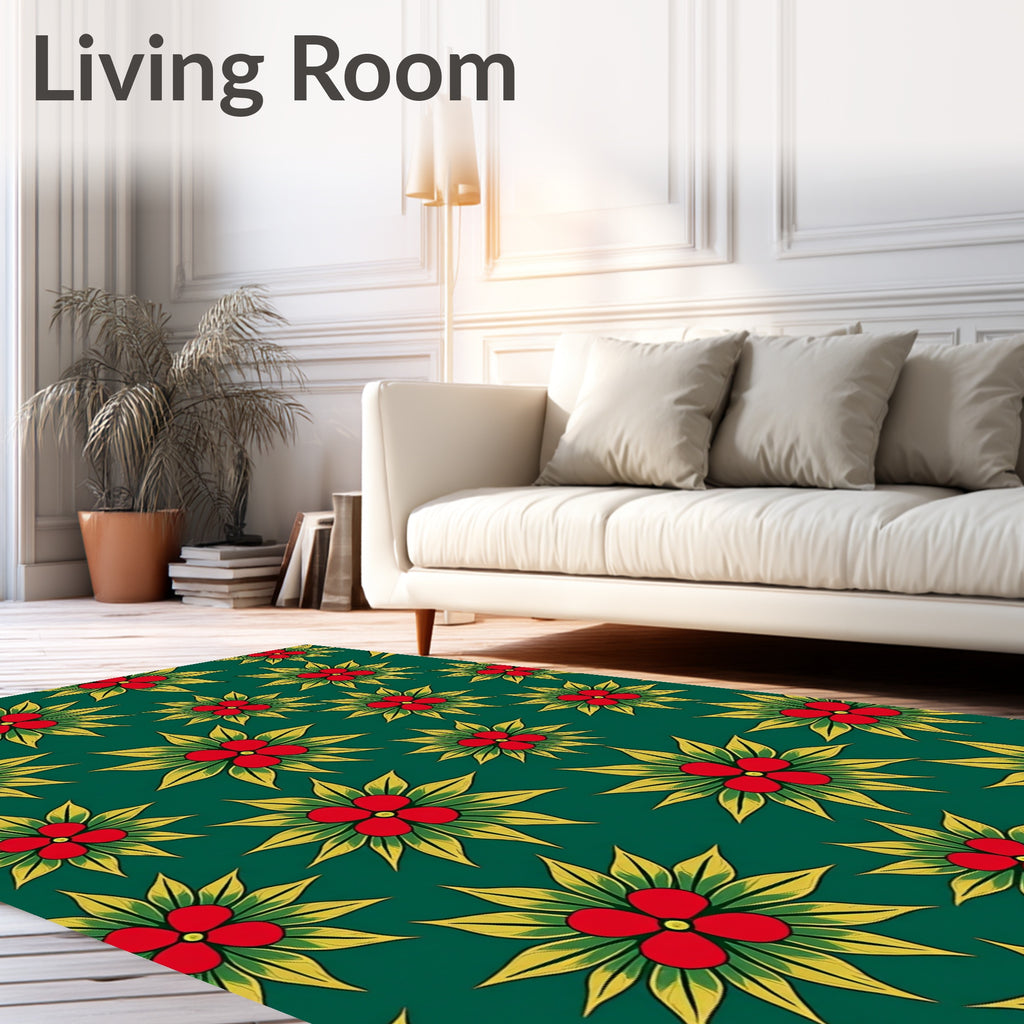 Emerald Green Red Yellow Floral Scatter Rug