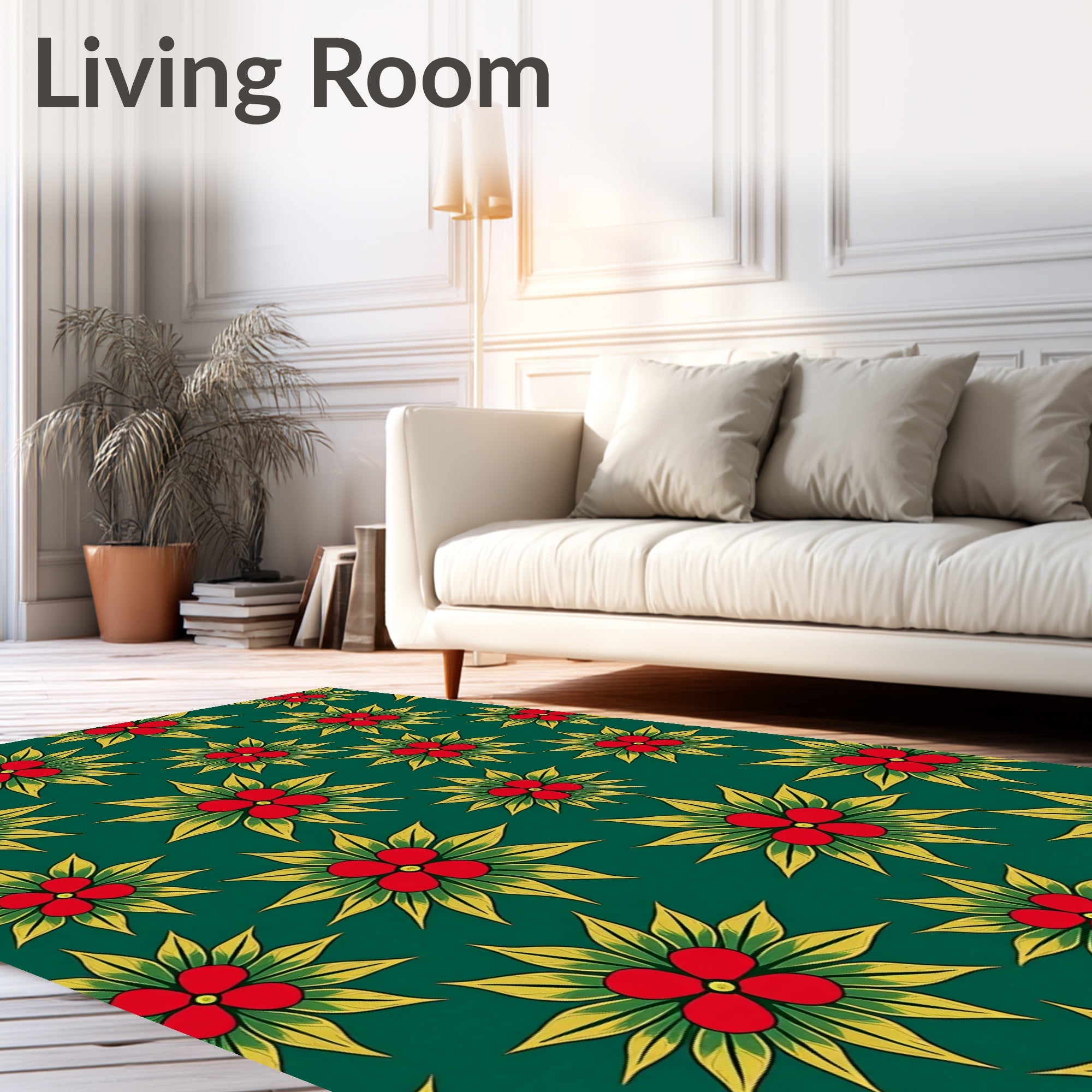 Emerald Green Red Yellow Floral Scatter Rug