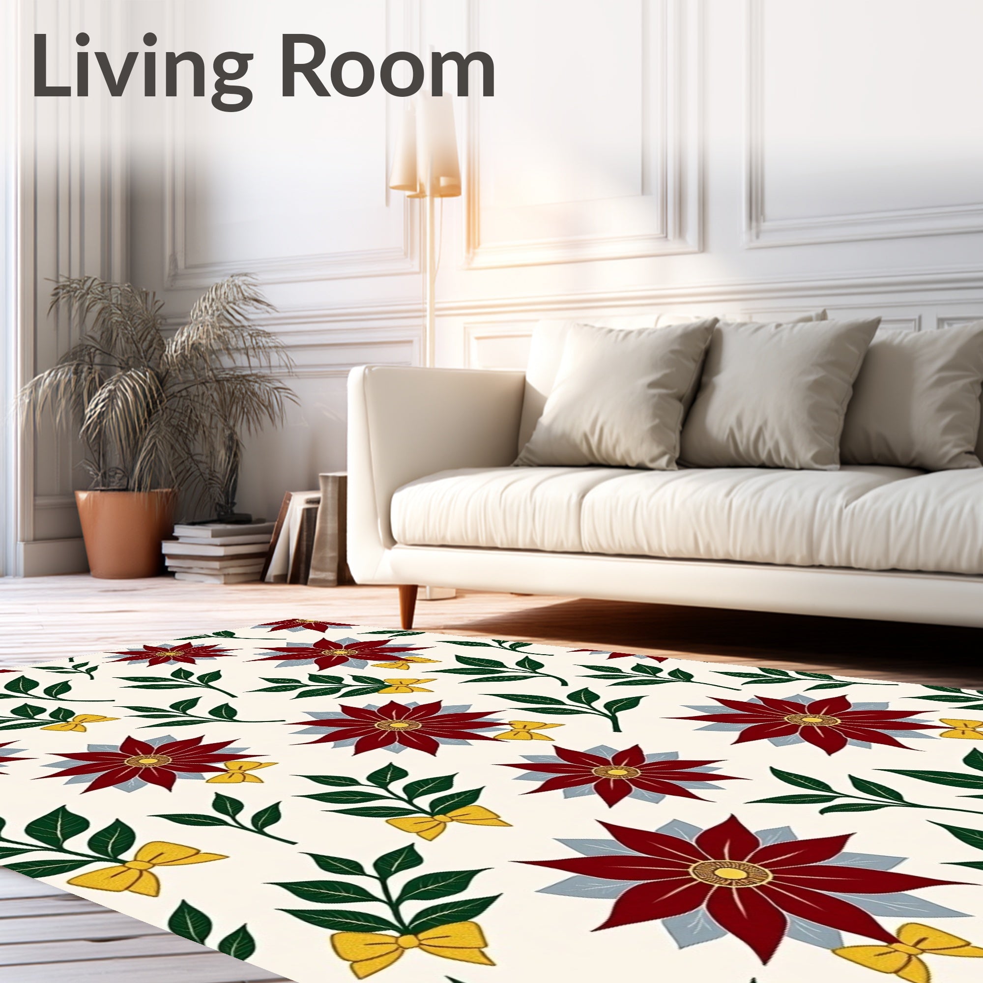 Crimson Floral Green Leaf Yellow Bow Rug