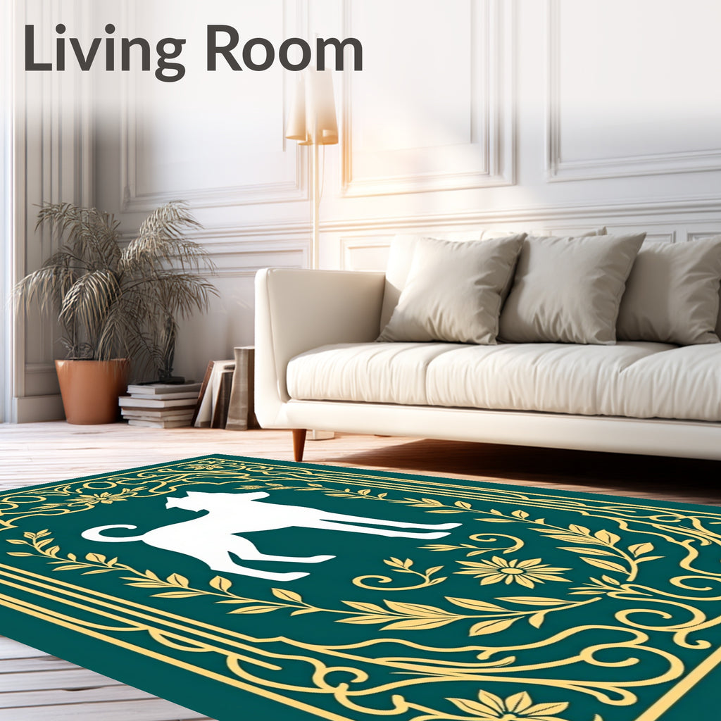 Golden Emerald Dog Silhouette Floral Border Rug