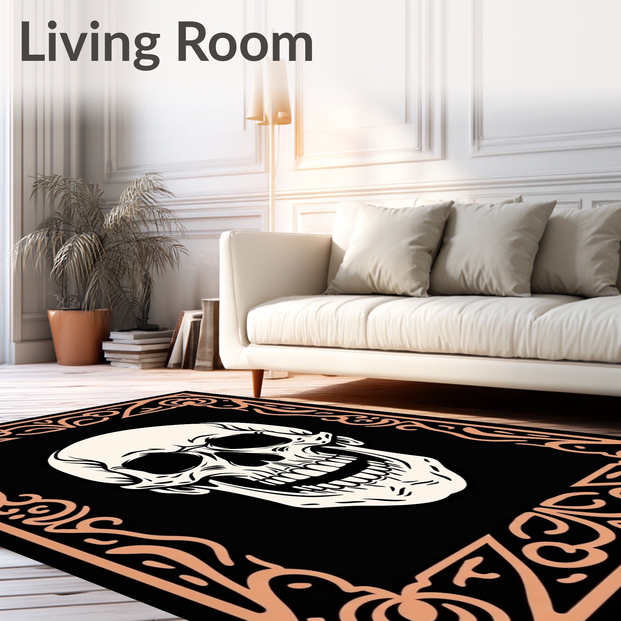 Cream Skull Black Ornate Frame Rug