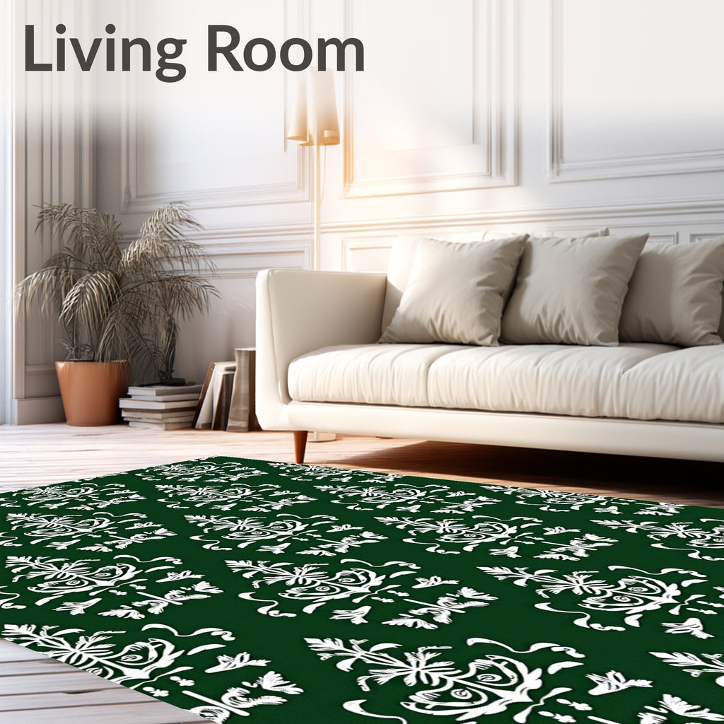 Emerald Green White Classic Damask Rug