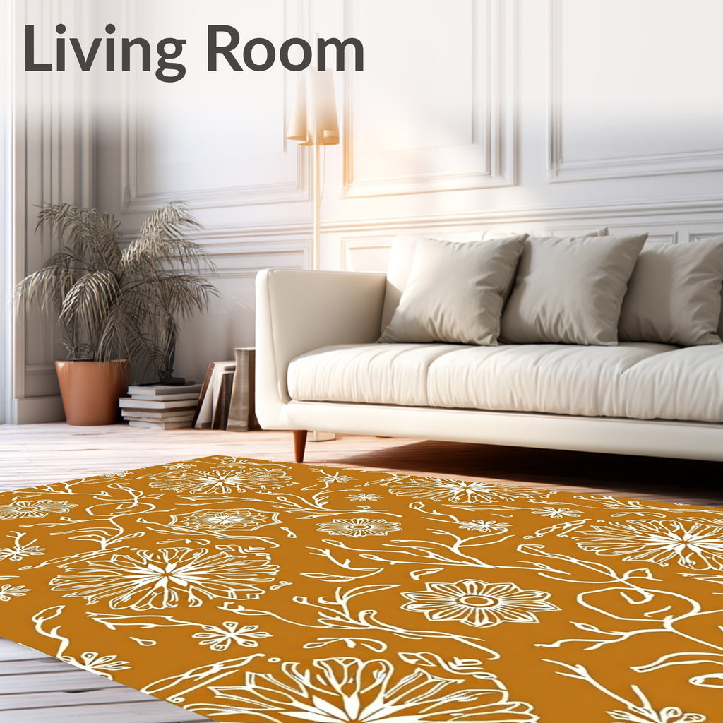 Earthy Ochre White Floral Vine Medallion Rug