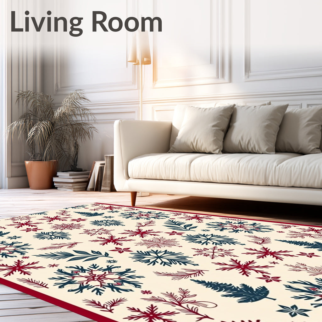 Winter Red Blue Snowflake Forest Rug