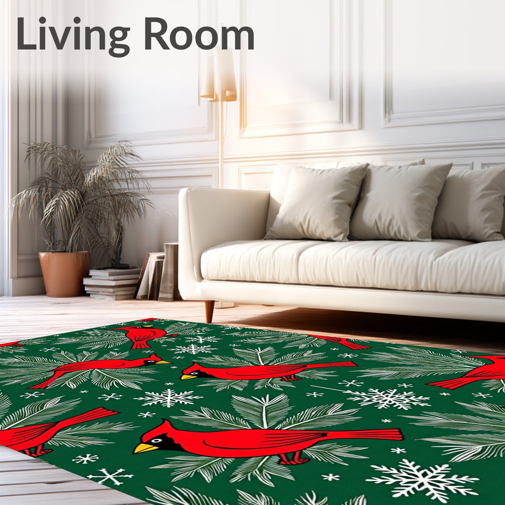 Vibrant Red Cardinal Snowflakes Foliage Rug