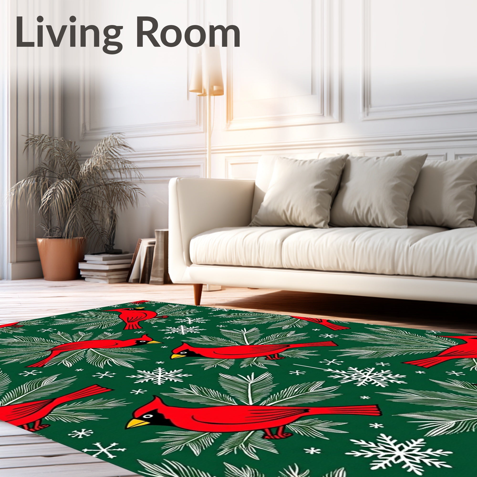 Vibrant Red Cardinal Snowflakes Foliage Rug