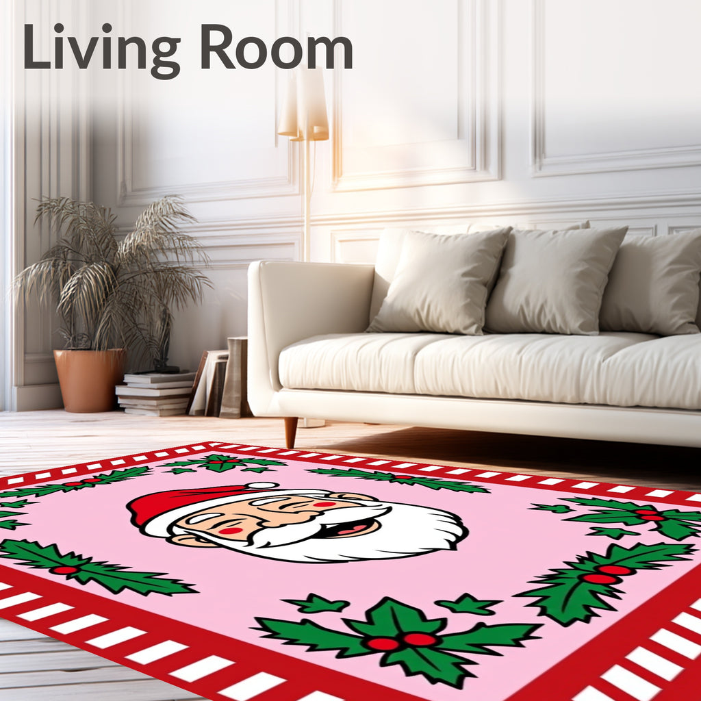 Pink Santa Claus Holly Wreath Border Rug