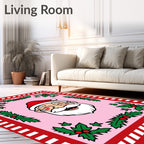 Pink Santa Claus Holly Wreath Border Rug