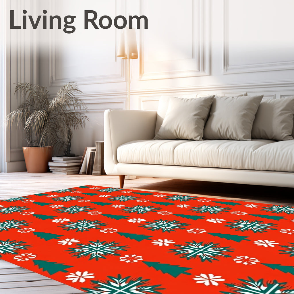 Crimson Snowy Forest Christmas Trees Rug