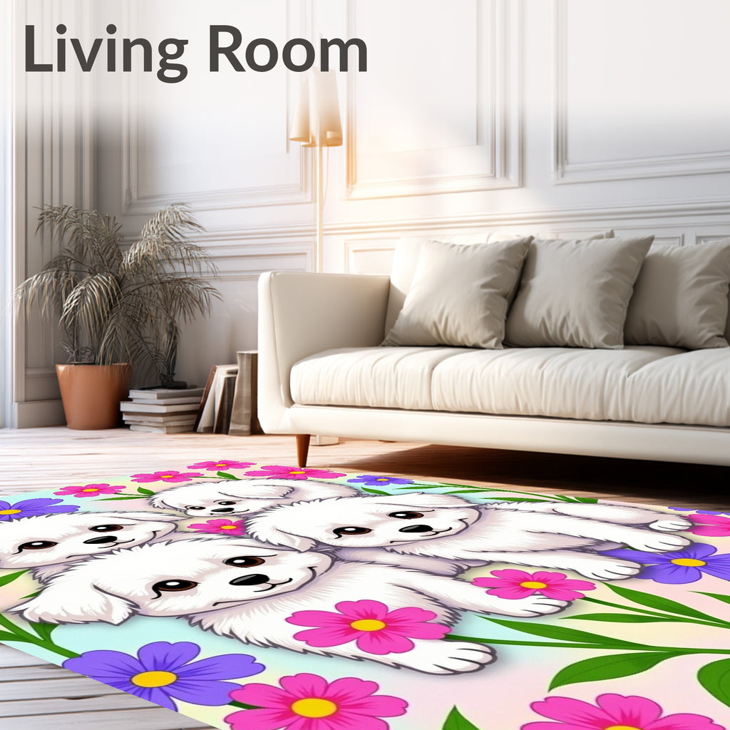 Four White Puppies Among Colorful Flowers Rug