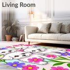 Four White Puppies Among Colorful Flowers Rug