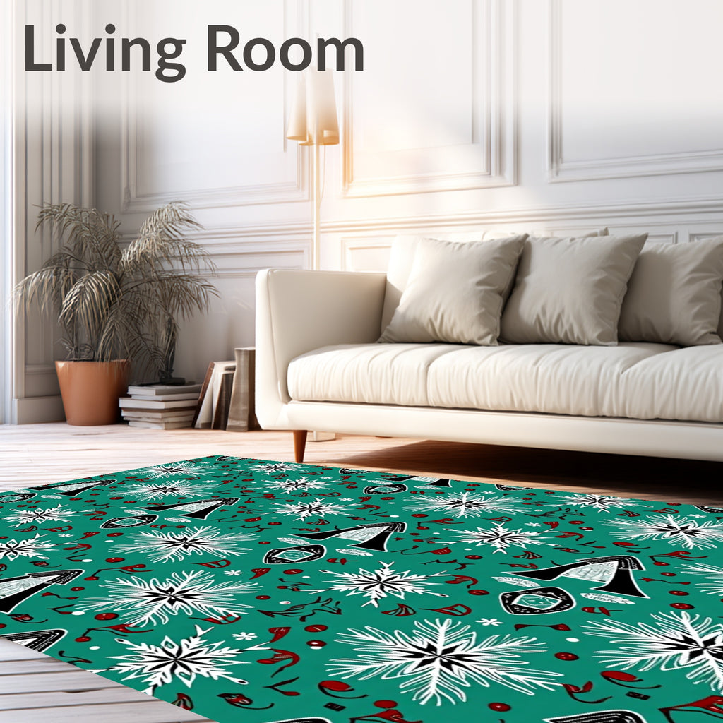 Teal White Red Snowflake Geometric Rug