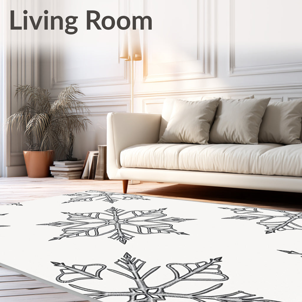 Winter Snowflake Embroidered Black White Rug