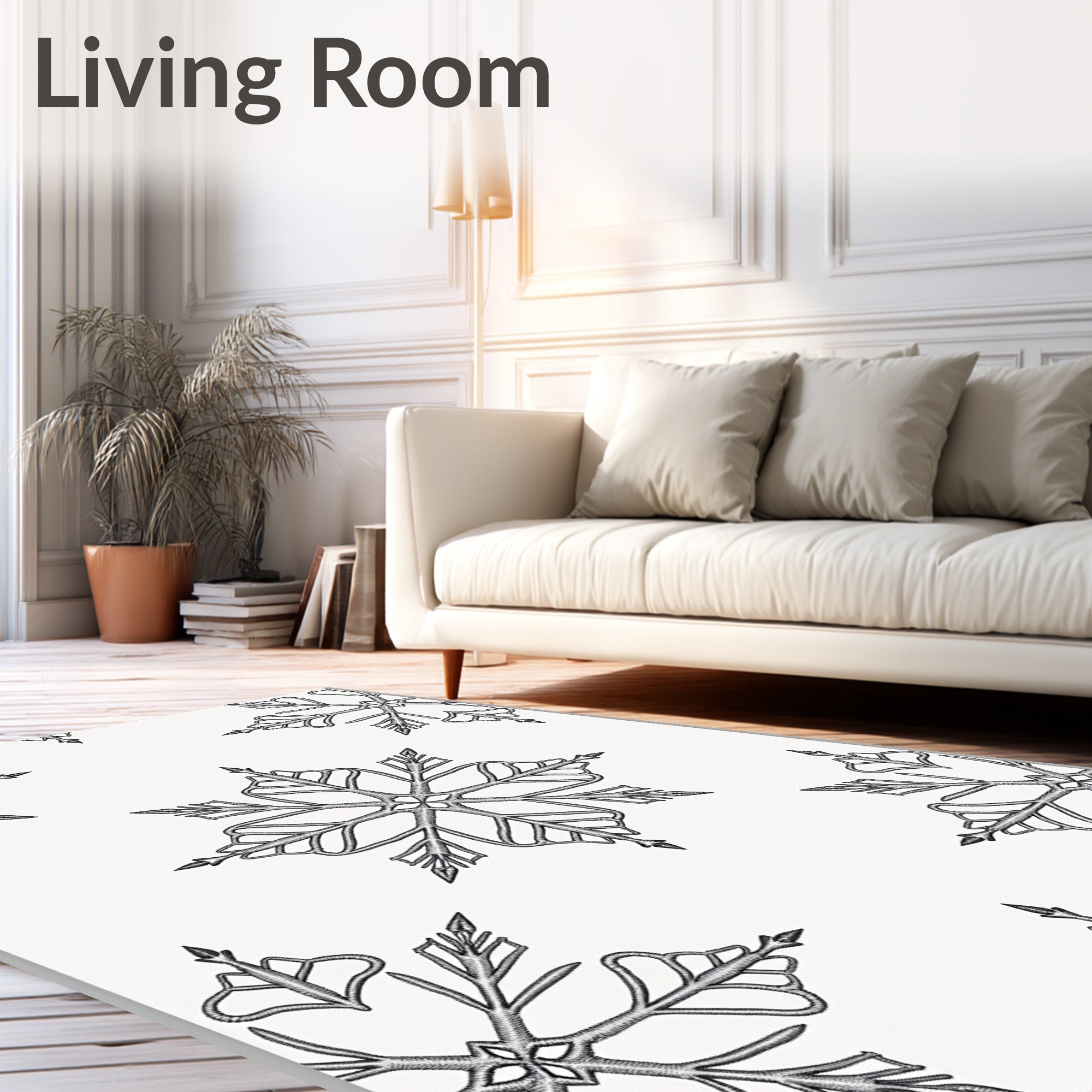 Winter Snowflake Embroidered Black White Rug
