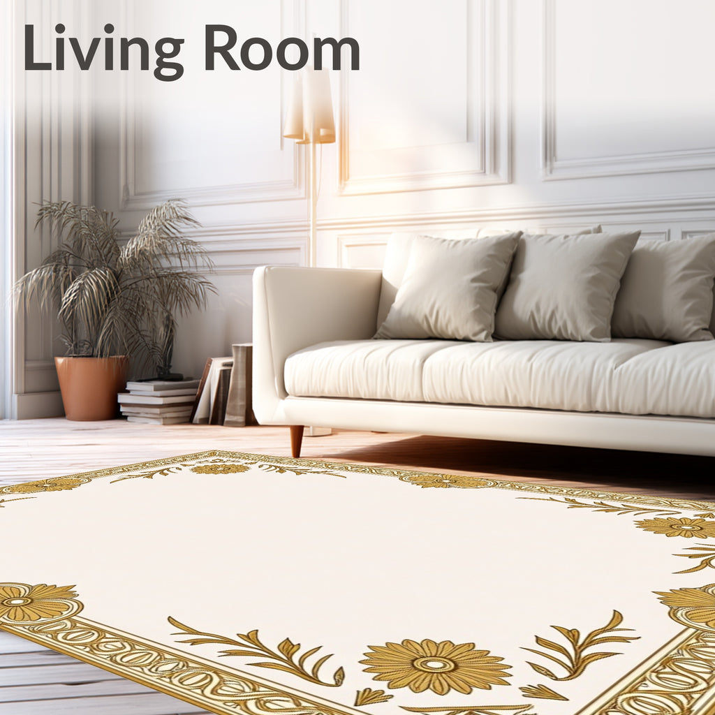 Golden Floral Bordered Cream Rug