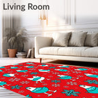 Red background blue white birds snowflakes Rug