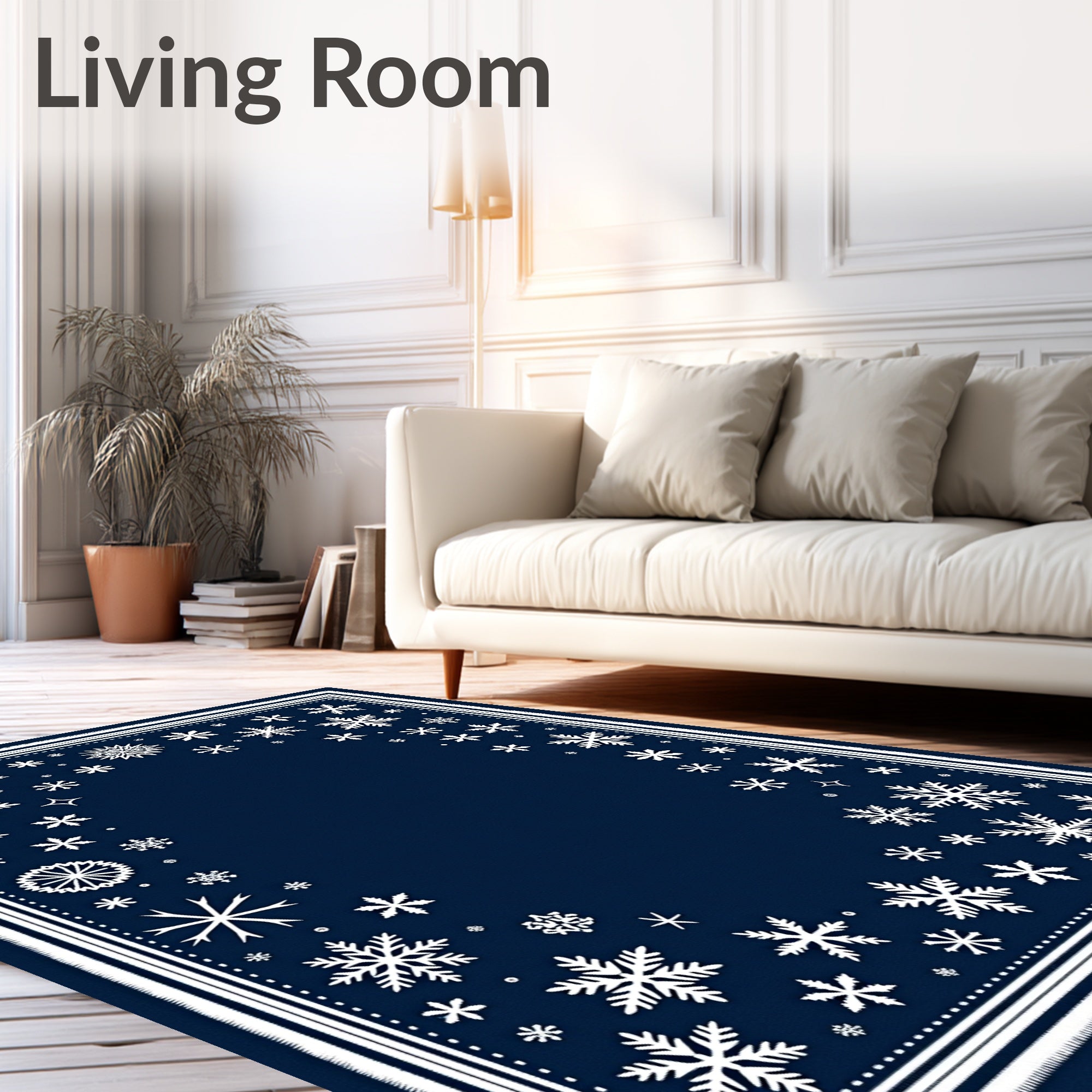 Winter White Snowflake Navy Border Rug