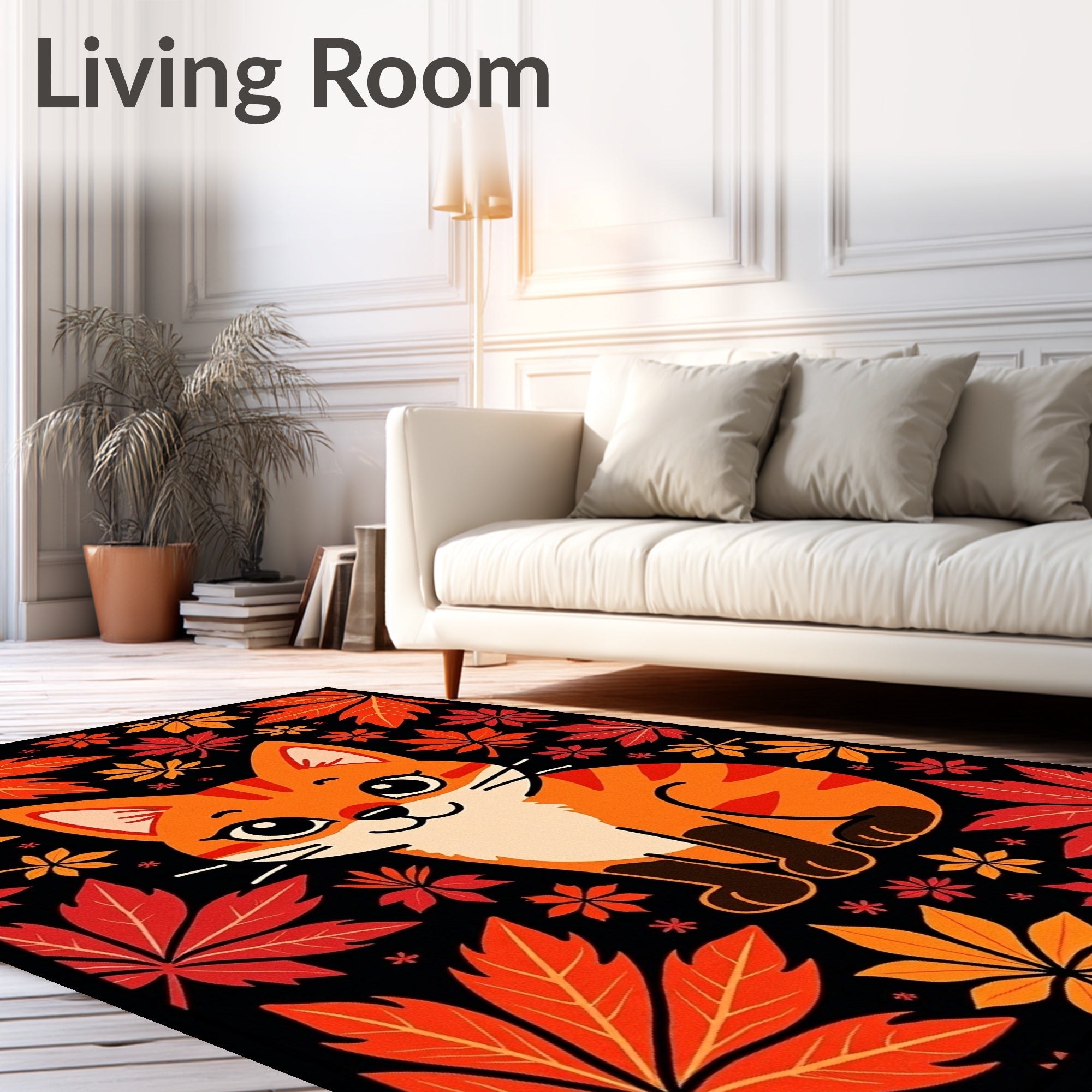 Orange Tabby Cat Amidst Autumn Leaves Rug