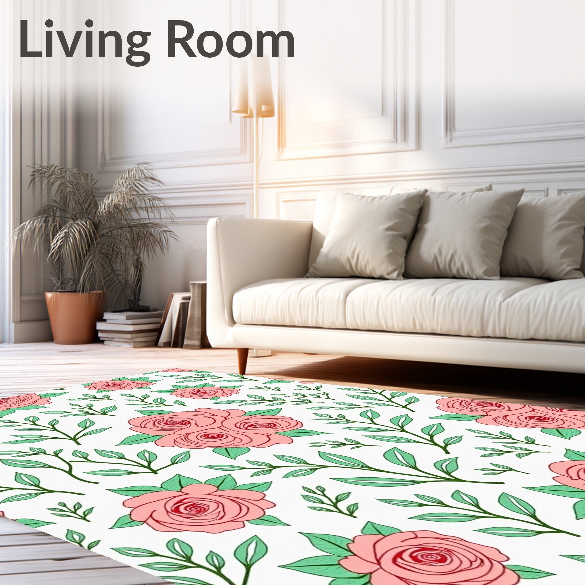 Coral Pink Roses and Leaves Rug