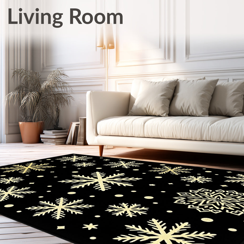 Golden Snowflake Black Winter Rug