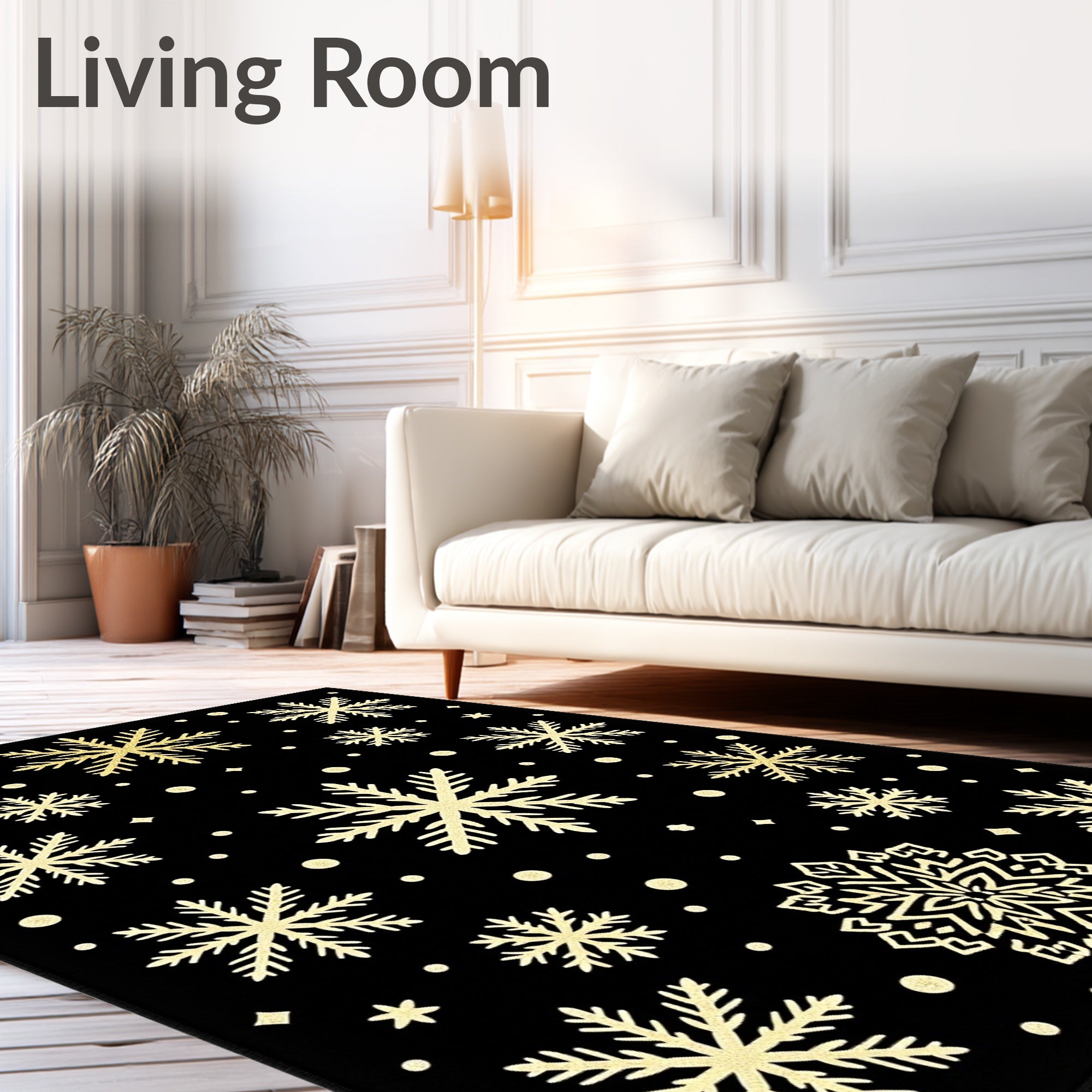 Golden Snowflake Black Winter Rug