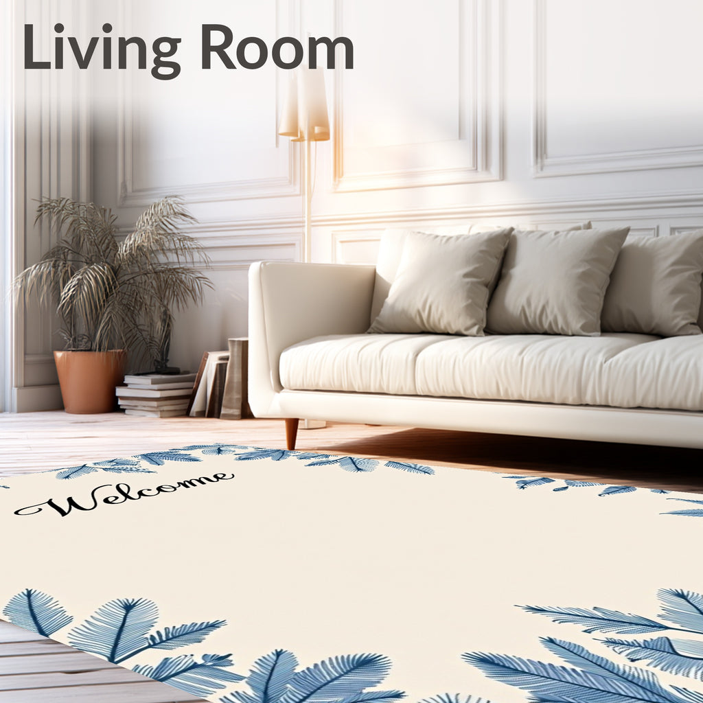 Blue Fern Border Welcome Mat Rug
