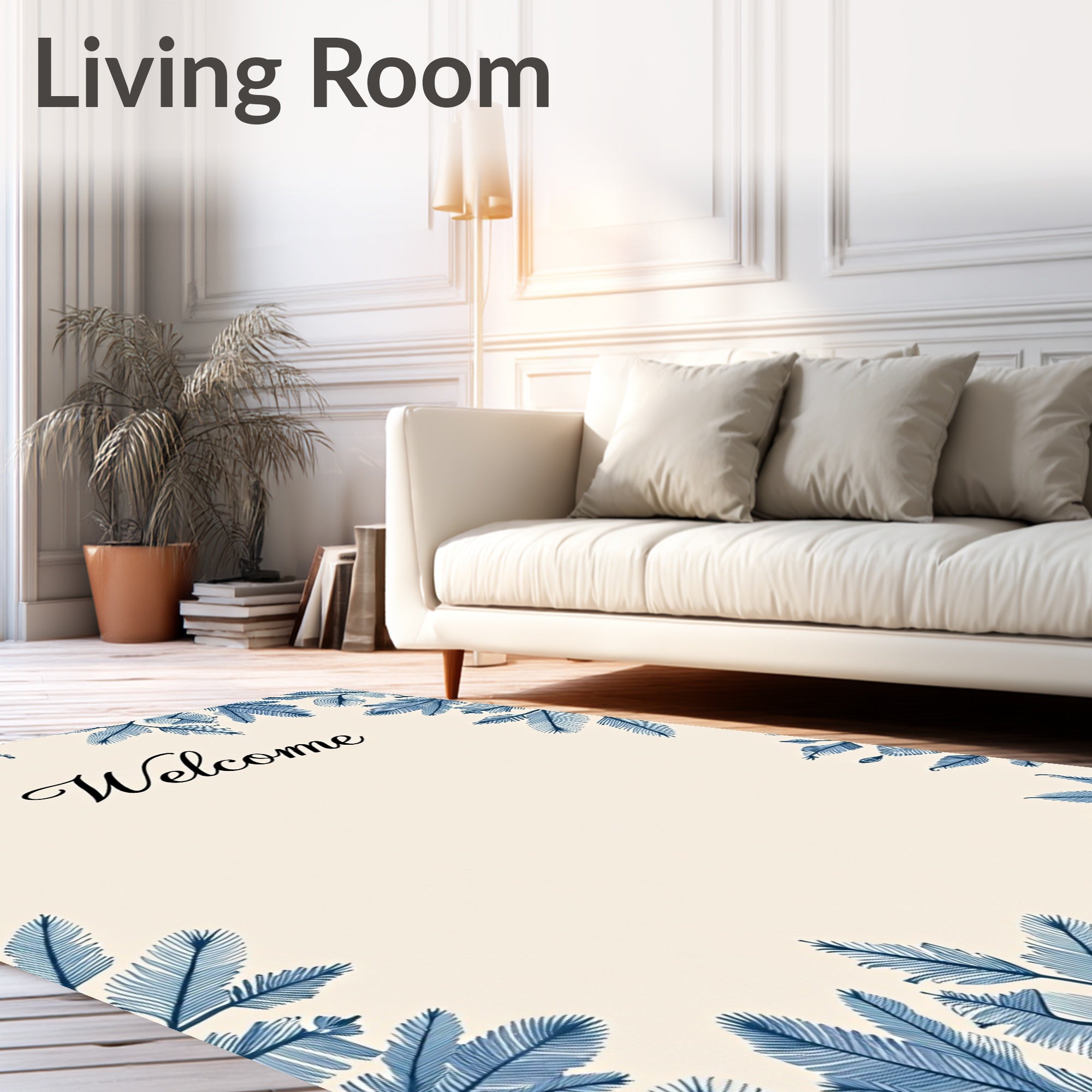 Blue Fern Border Welcome Mat Rug