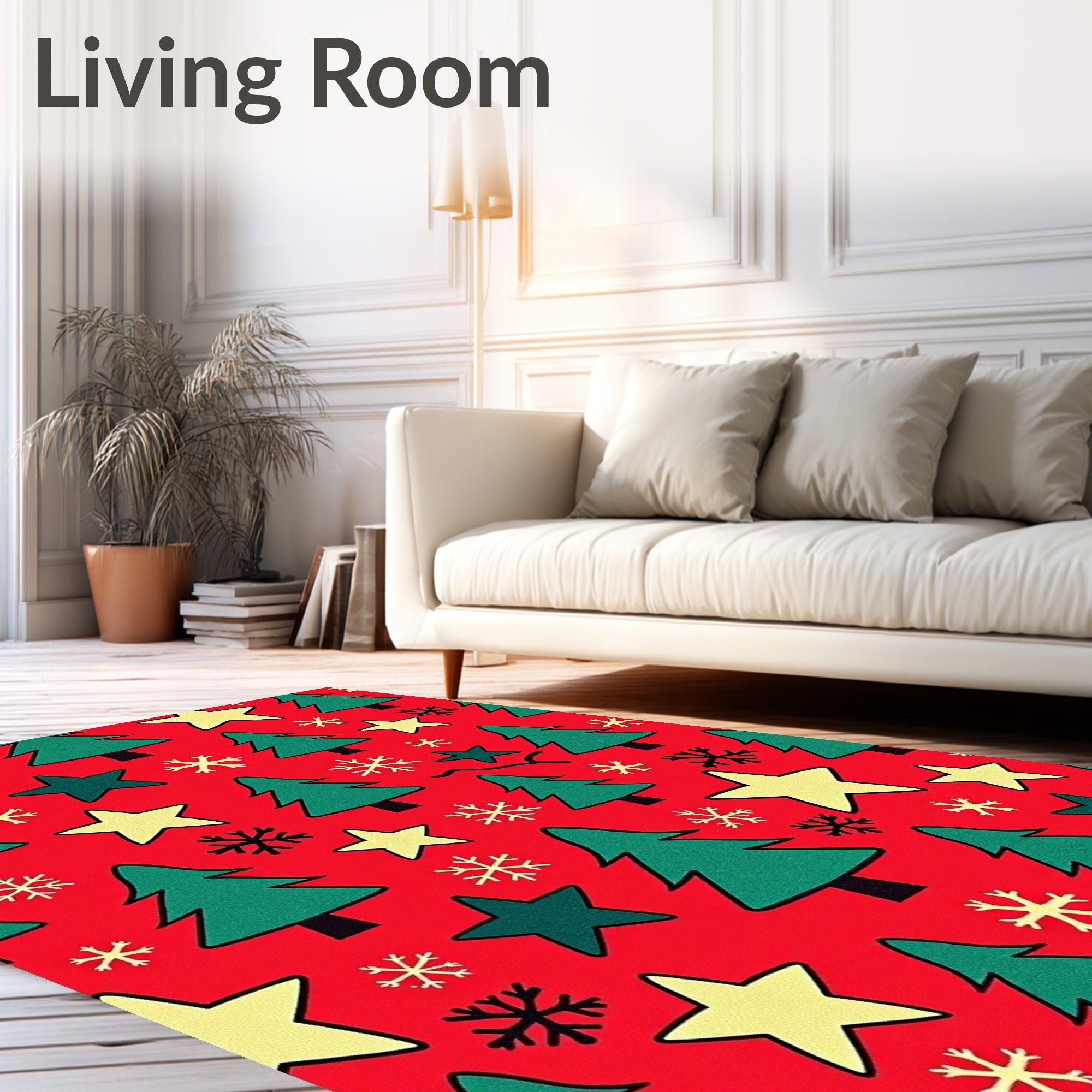 Festive Red Evergreen Trees Snowflakes Stars Rug