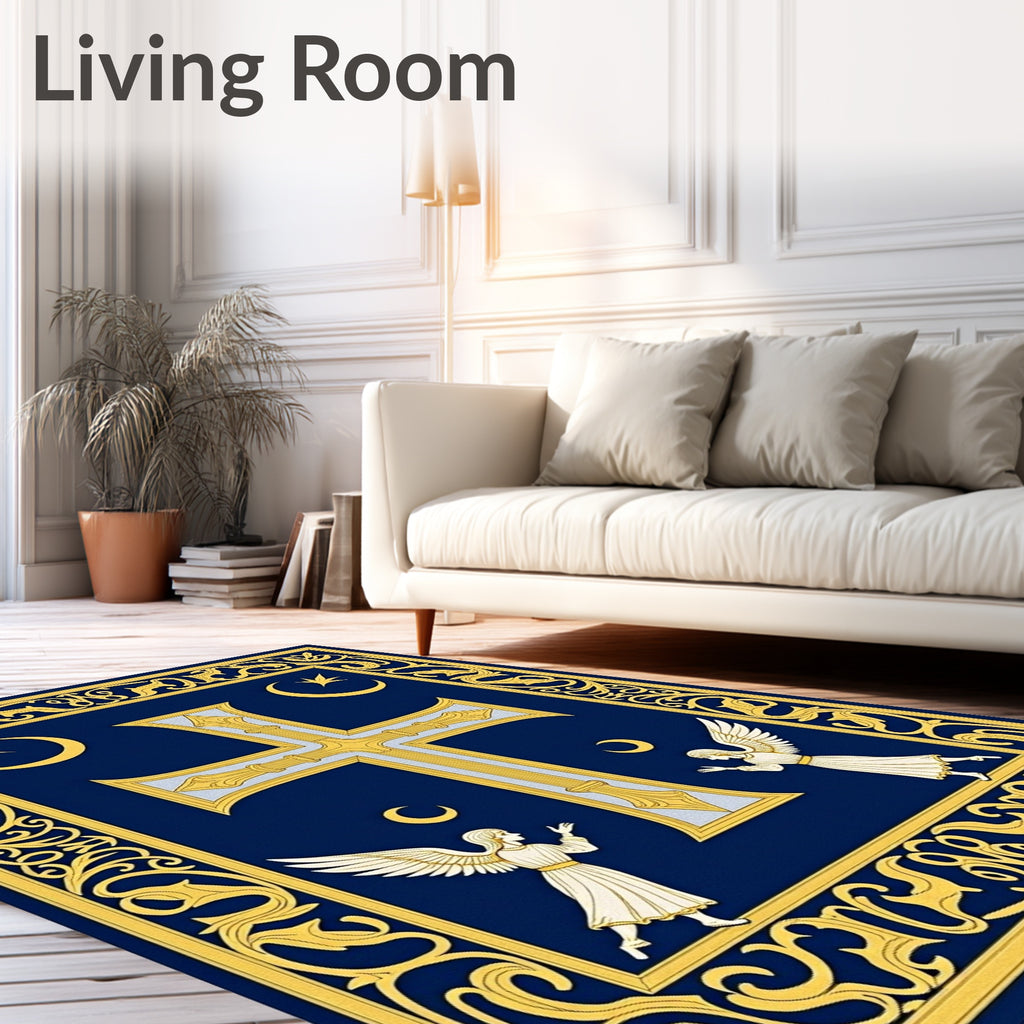 Ornate Blue Golden Cross Angelic Scene Rug