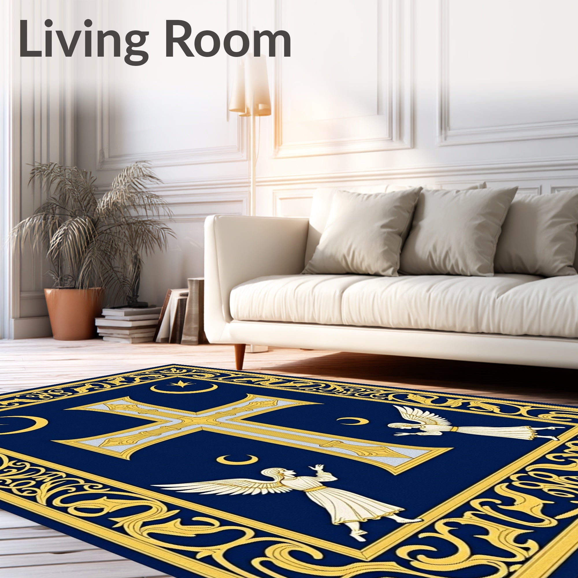 Ornate Blue Golden Cross Angelic Scene Rug