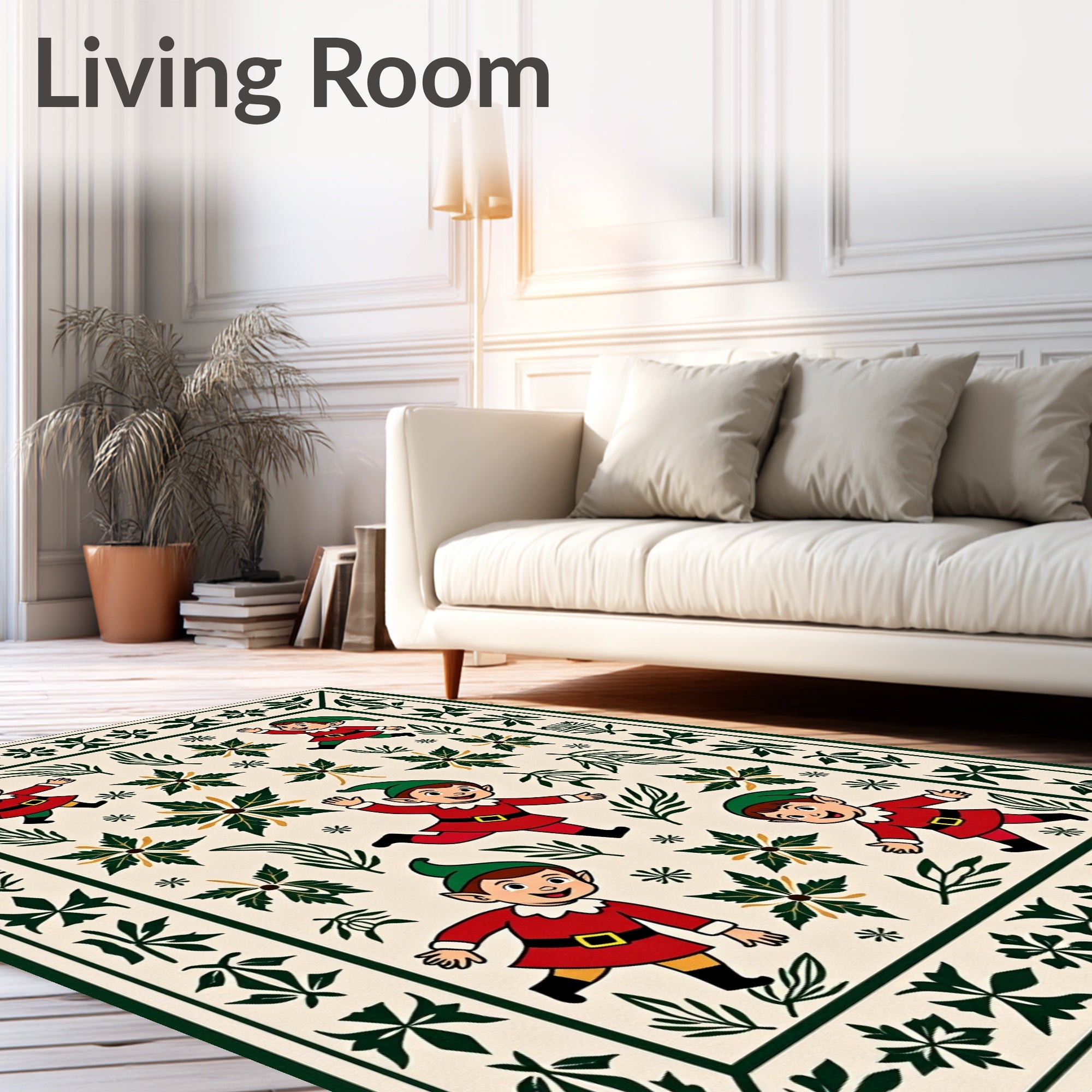 Festive Elves Red Green Cream Border Rug