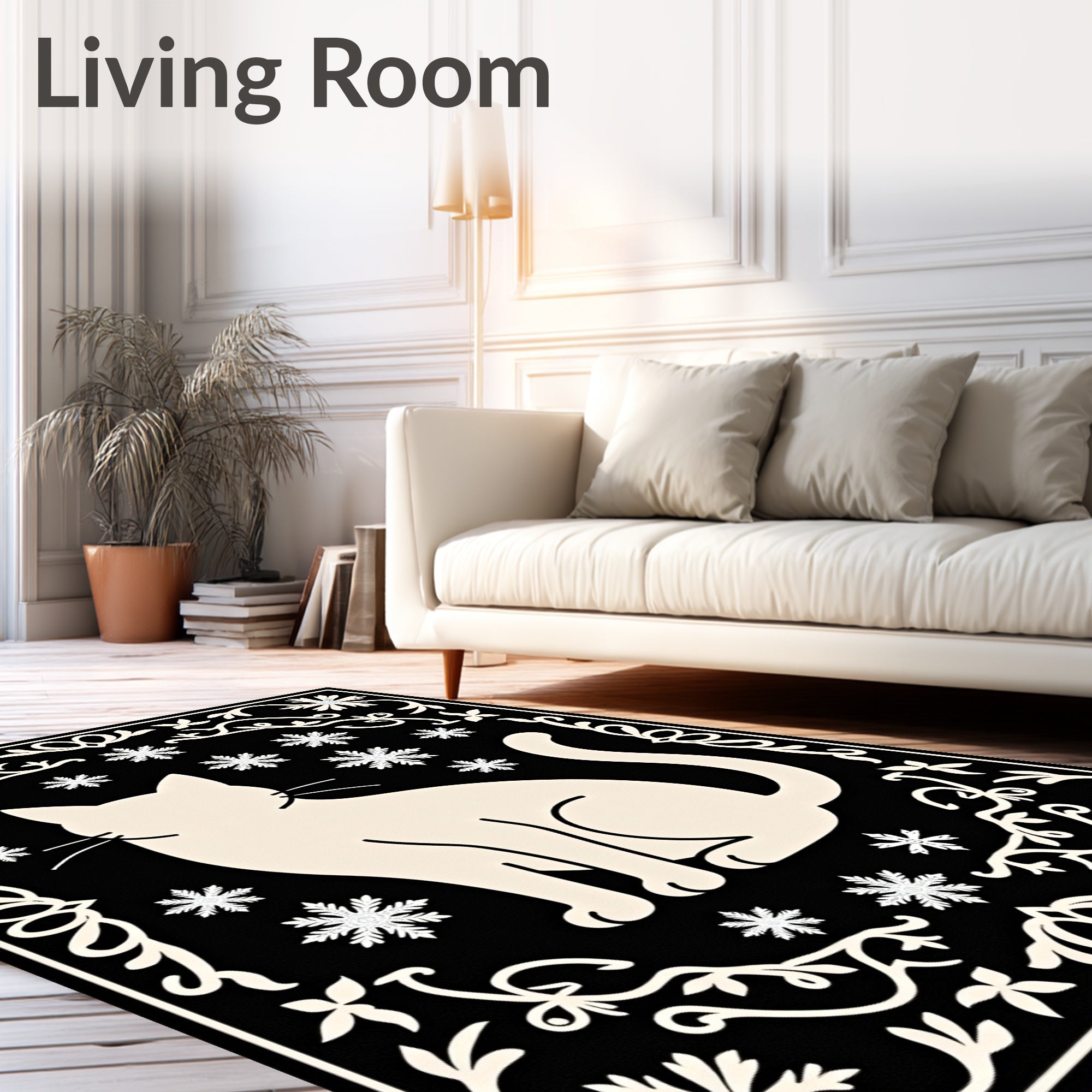 Cream cat snow flake accent frame Rug