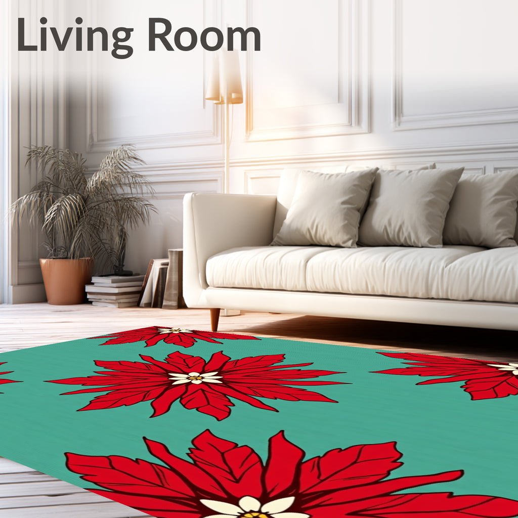 Crimson Poinsettia Teal Floral Rug