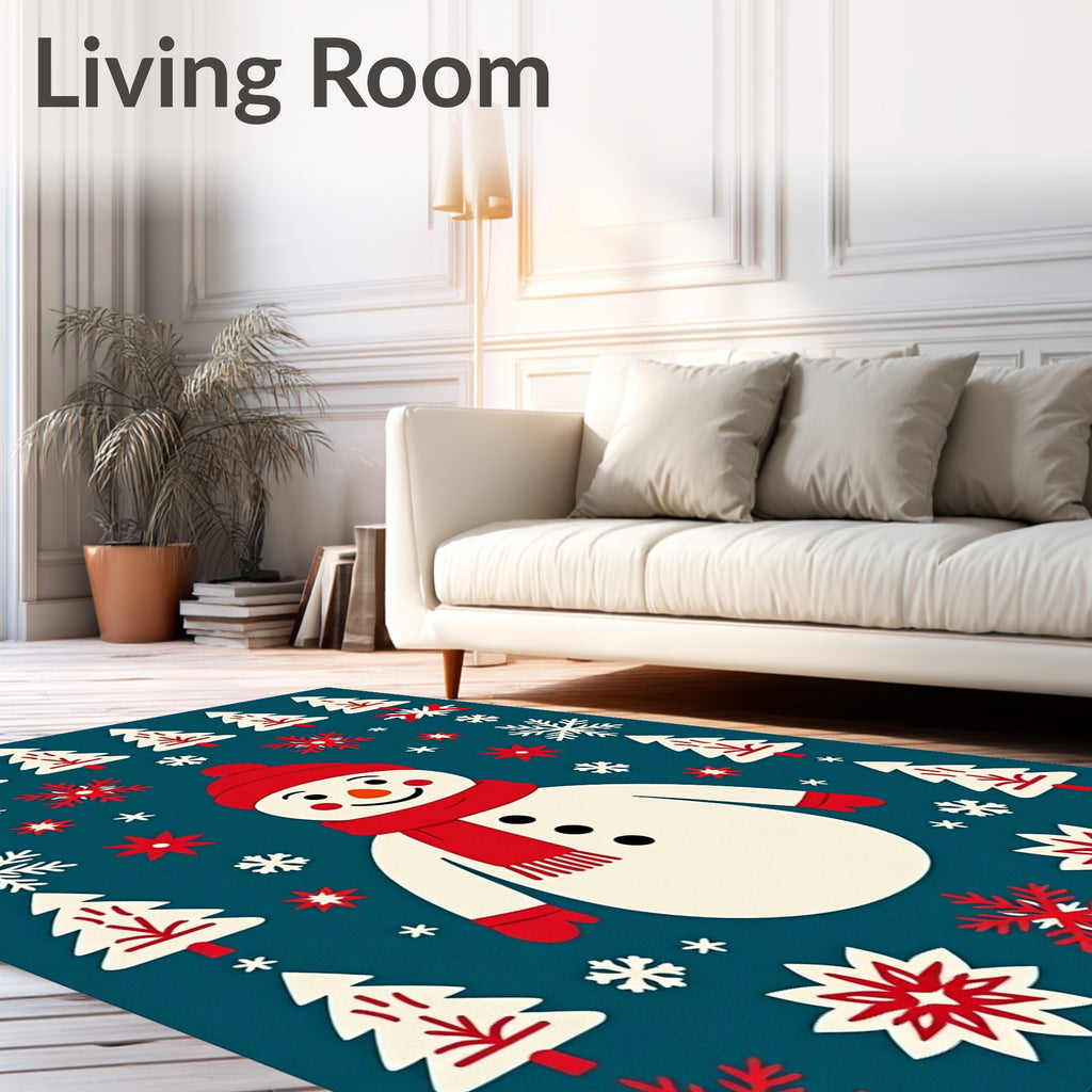 Festive Snowman Christmas Tree Snowflakes Rug
