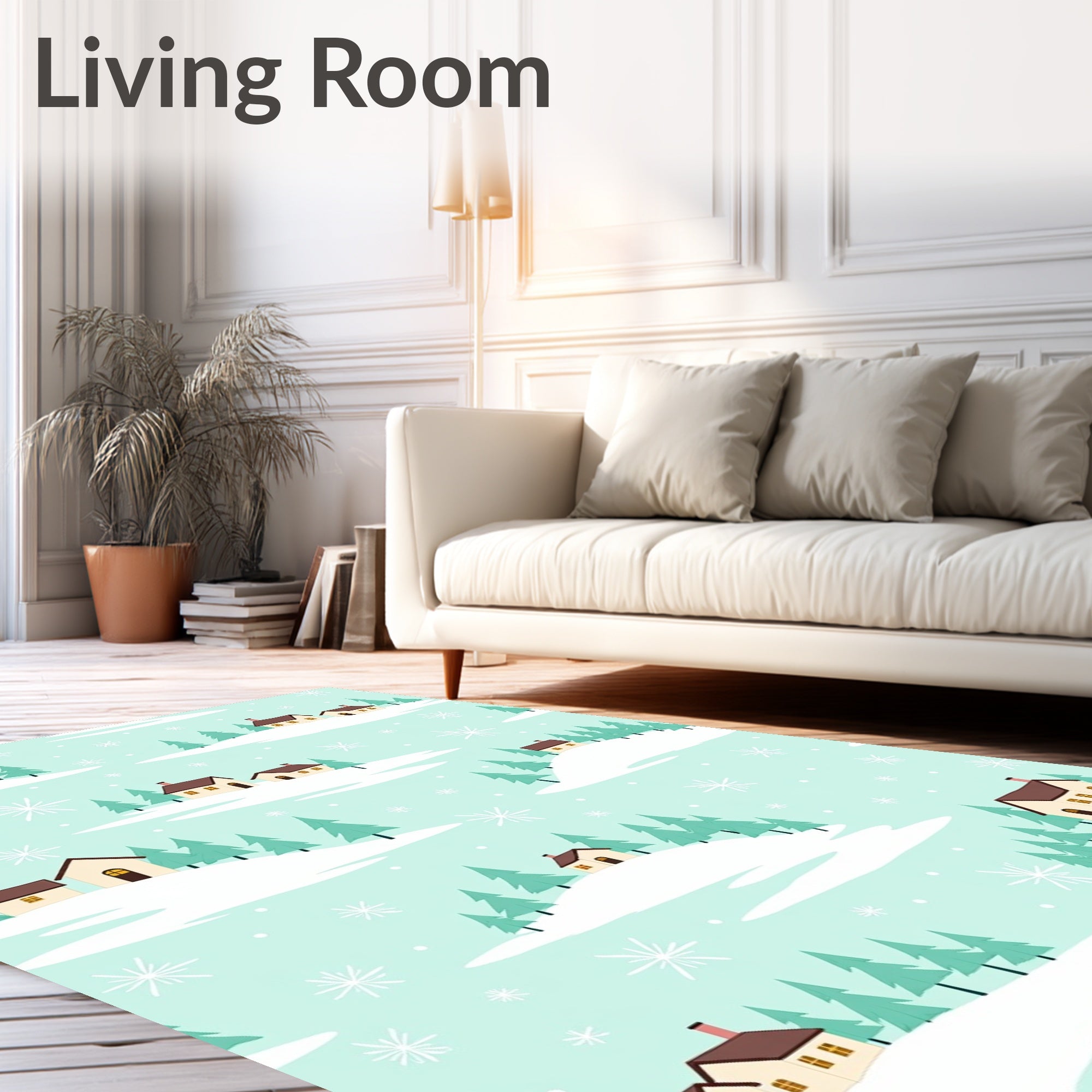 Winter Snow Village Houses Trees Rug