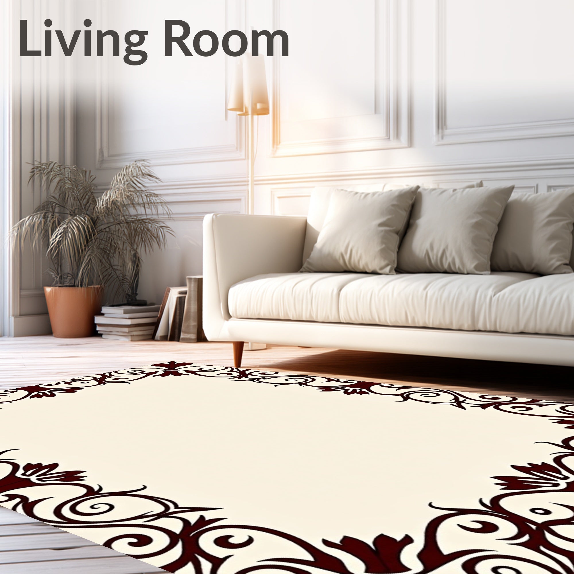 Rich Burgundy Swirling Vine Border Rug